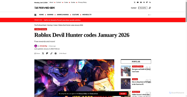 Security scan screenshot of https://theprofanedgeek.com/gaming/roblox-devil-hunter-codes/