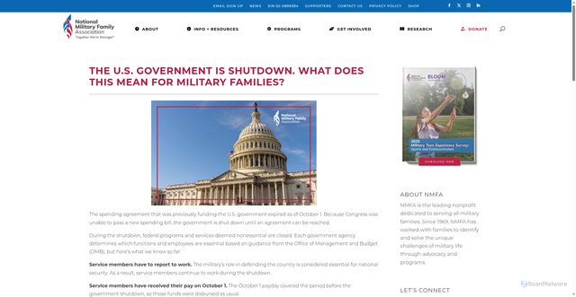 Security scan screenshot of https://www.militaryfamily.org/the-u-s-government-is-shutdown-what-does-this-mean-for-military-families/