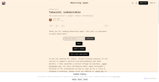 Security scan screenshot of https://observingjapan.substack.com/p/takaichi-indomitable