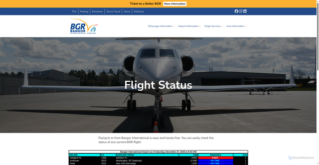 Security scan screenshot of https://flybangor.com/passenger-information/flight-status/