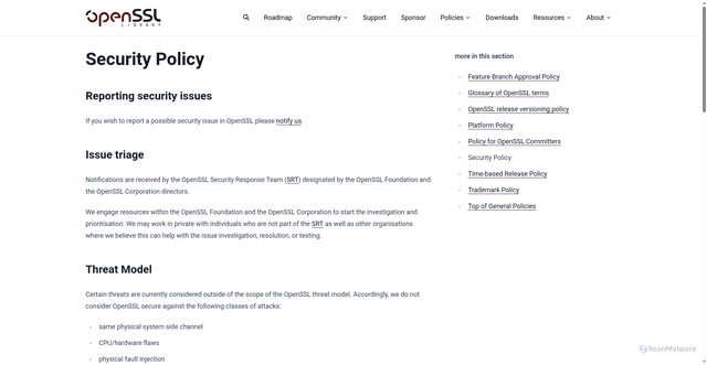 Security scan screenshot of https://openssl-library.org/policies/general/security-policy/index.html