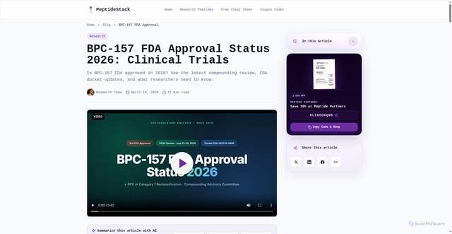 Security scan screenshot of https://peptidestack.io/blog/bpc-157-fda-approval-status