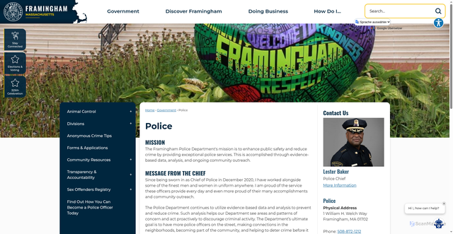 Security scan screenshot of https://www.framinghamma.gov/135/Police