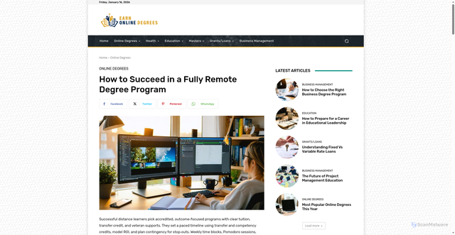 Security scan screenshot of https://earnonlinedegrees.com/how-to-succeed-in-a-fully-remote-degree-program/