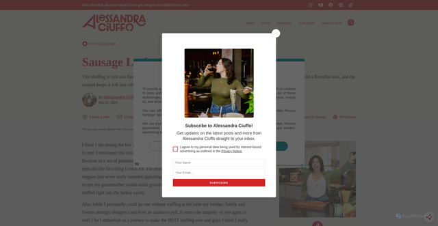 Security scan screenshot of https://alessandraciuffo.com/sausage-leek-bread-pudding-stuffing/