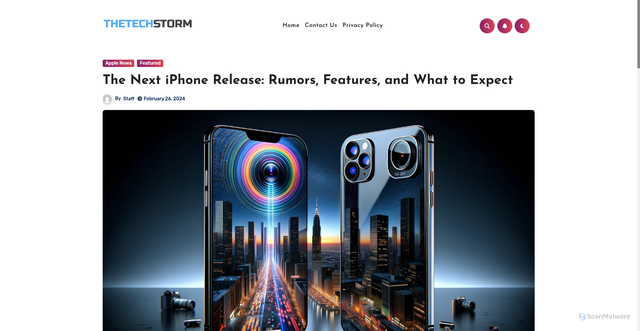 Security scan screenshot of https://www.thetechstorm.com/the-next-iphone-release-rumors-features-and-what-to-expect/