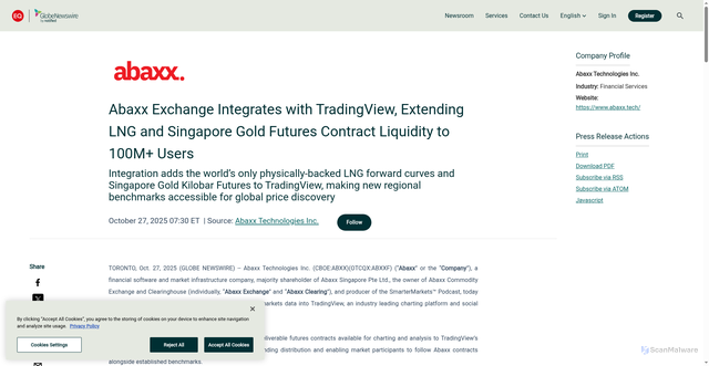Security scan screenshot of https://www.globenewswire.com/news-release/2025/10/27/3174456/0/en/Abaxx-Exchange-Integrates-with-TradingView-Extending-LNG-and-Singapore-Gold-Futures-Contract-Liquidity-to-100M-Users.html