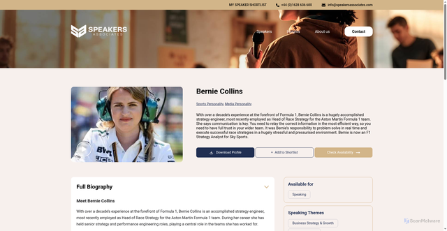 Security scan screenshot of https://www.speakersassociates.com/speaker/bernie-collins/
