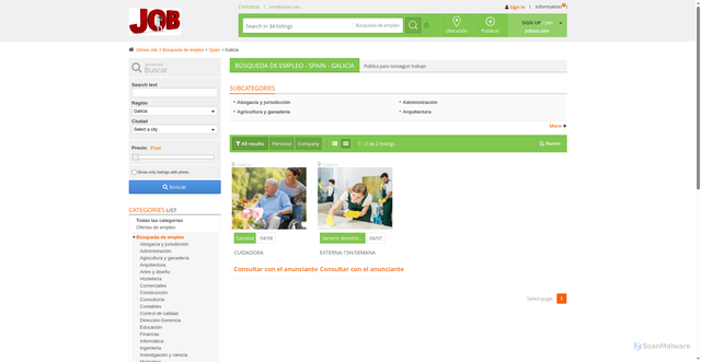 Security scan screenshot of https://jobses.site/index.php?page=search&sCategory=3&sCountry=ES&sRegion=Galicia