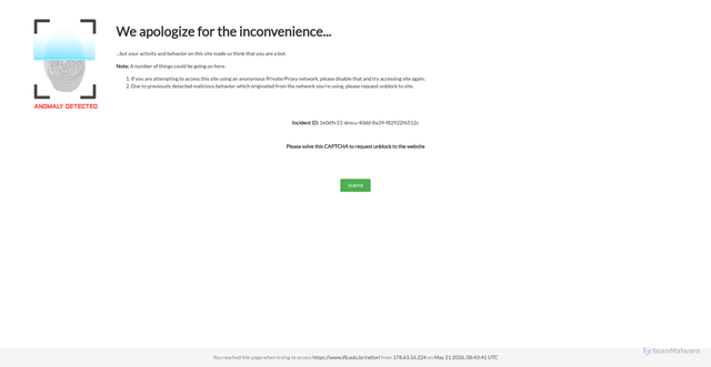 Security scan screenshot of https://validate.perfdrive.com/?ssa=a4dc5f7f-d43f-485b-bf92-728fb363581b&ssb=17683233062&ssc=https%3A%2F%2Fwww.ifb.edu.br%2Freitori&ssi=1e0d9c51-dmcu-40dd-8a39-f82922f6512c&ssk=botmanager_support@radware.com&ssm=77191622584944506100376883538669&ssn=19dae5dc8c6281512e6743554d7d36d37dbe68043761-db9d-4fa7-8712c8&sso=b608c661-92f9b7b4a8541239ca15c1b96b1f47c8e64d8f79288754af&ssp=09537521291779319908177938531516456&ssq=10268375301646805500553016283394165867253&ssr=MTc4LjYzLjE2LjIyNA==&sst=Mozilla/5.0%20(Windows%20NT%2010.0;%20Win64;%20x64)%20AppleWebKit/537.36%20(KHTML,%20like%20Gecko)%20Chrome/124.0.0.0%20Safari/537.36&ssu=&ssv=&ssw=&ssx=eyJ1em14IjoiN2Y5MDAwMWJmODkxYTUtNjE4Ny00NjE2LWJkM2ItZjNmYzNmOGZkMmEwMS0xNzc5MzUzMDE2NTgwMC0wOGQ1OTU0NGEzY2RkZWUwMTAiLCJfX3V6bWYiOiI3ZjkwMDA2ODA0Mzc2MS1kYjlkLTRmYTctODY2MS05MmY5YjdiNGE4NTQxLTE3NzkzNTMwMTY1ODAwLTAwMTk5MjAzMGQ0YzQ1MjBjNTIxMCIsInJkIjoiaWZiLmVkdS5iciJ9