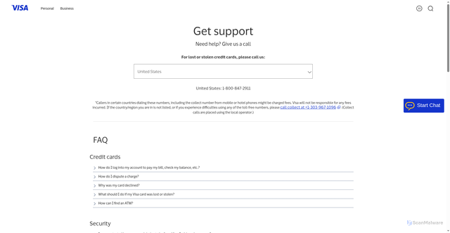 Security scan screenshot of https://usa.visa.com/support.html