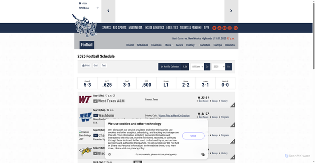 Security scan screenshot of https://minesathletics.com/sports/football/schedule/2025