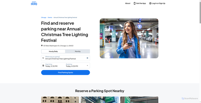 Security scan screenshot of https://spothero.com/destination/chicago/annual-christmas-tree-lighting-festival-parking