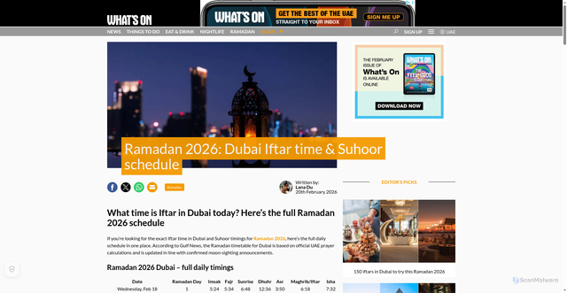 Security scan screenshot of https://whatson.ae/2026/02/ramadan-2026-dubai-iftar-time-suhoor-schedule/