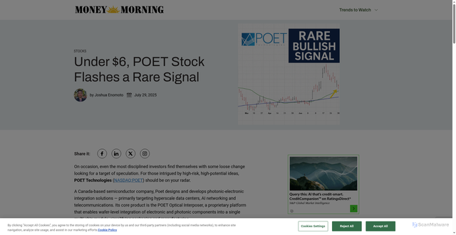 Security scan screenshot of https://moneymorning.com/2025/07/29/under-6-poet-stock-flashes-a-rare-signal/