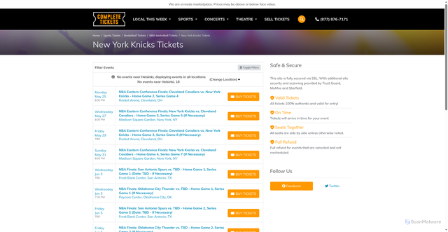 Security scan screenshot of https://completetickets.com/performer/new-york-knicks-tickets