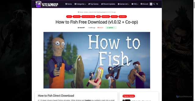 Security scan screenshot of https://steamrip.com/how-to-fish-free-download/