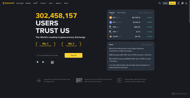 Security scan screenshot of https://www.binance.com
