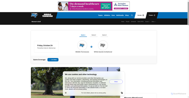 Security scan screenshot of https://goblueraiders.com/news/2025/10/23/womens-golf-blue-raiders-close-out-fall-season-in-bahamas