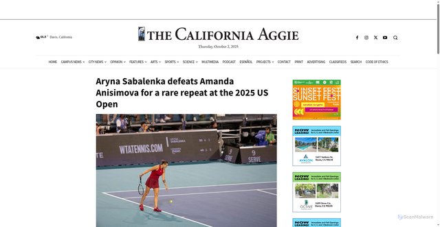 Security scan screenshot of https://theaggie.org/2025/09/30/aryna-sabalenka-defeats-amanda-anisimova-for-a-rare-repeat-at-the-2025-us-open/