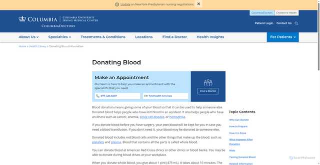 Security scan screenshot of https://www.columbiadoctors.org/health-library/special/donating-blood/