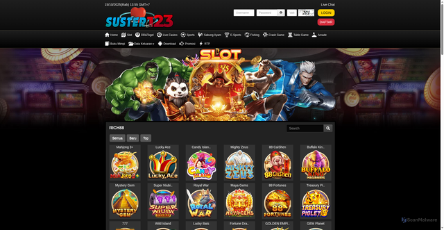 Security scan screenshot of https://kliniksuster123.com/desktop/game/slot/rich88