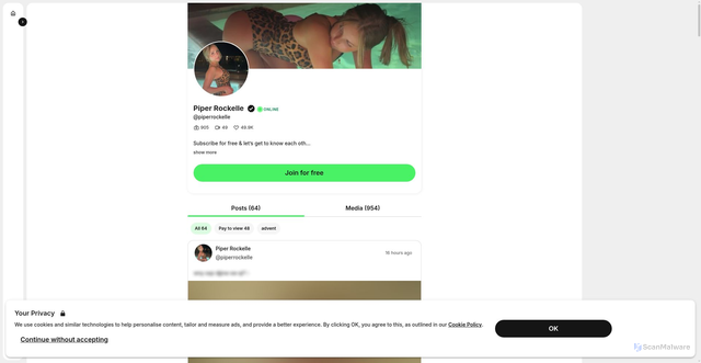 Security scan screenshot of https://www.fanvue.com/piperrockelle