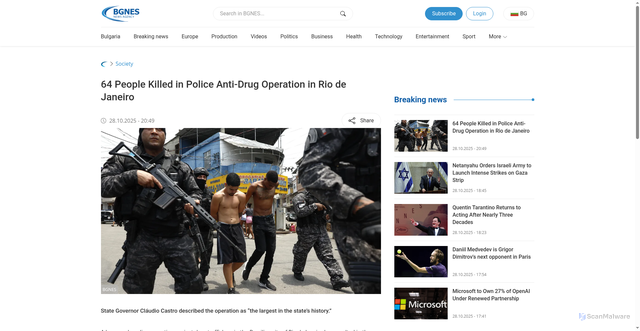 Security scan screenshot of http://www.bgnes.com/society/64-people-killed-in-police-anti-drug-operation-in-rio-de-janeiro
