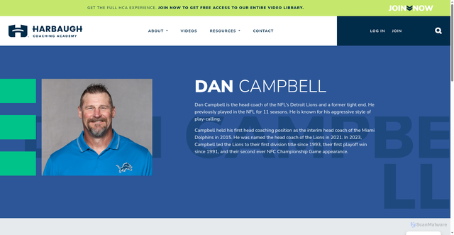 Security scan screenshot of https://harbaughcoachingacademy.org/contributor/dan-campbell/