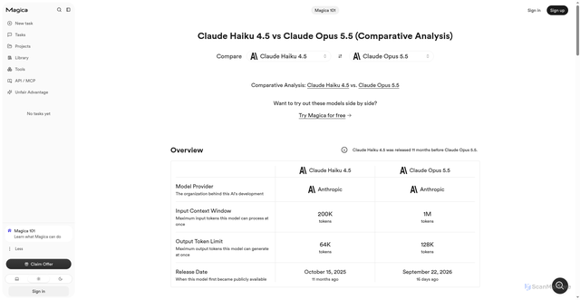 Security scan screenshot of https://magica.com/blog/compare/claude-haiku-4-5-vs-claude-opus-5-5