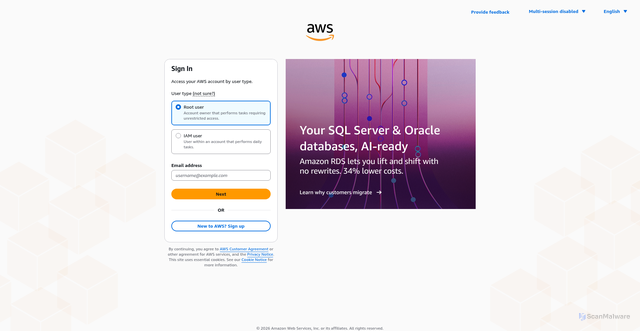 Security scan screenshot of 552656482190-z4yp5cby.us-east-1.console.aws.amazon.com
