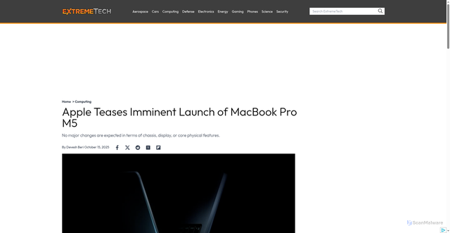 Security scan screenshot of https://www.extremetech.com/computing/apple-teases-imminent-launch-of-macbook-pro-m5