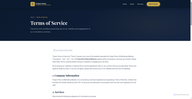 Security scan screenshot of https://projectpanicmarketmasters.com/terms-of-service/