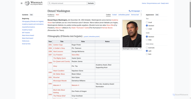 Security scan screenshot of https://om.wikipedia.org/wiki/Denzel_Washington