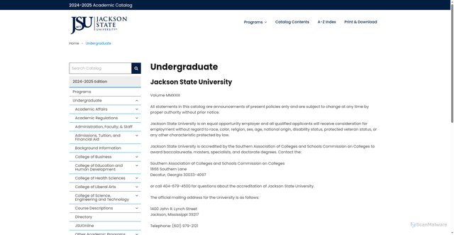 Security scan screenshot of https://jsums-public.courseleaf.com/undergraduate/