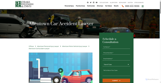 Security scan screenshot of https://www.dhdlaw.com/office-locations/allentown/allentown-motor-vehicle-injury-lawyer/car-accidents/