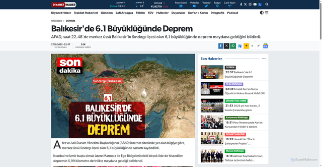Security scan screenshot of https://www.diyanethaber.com.tr/balikesirde-61-buyuklugunde-deprem-1