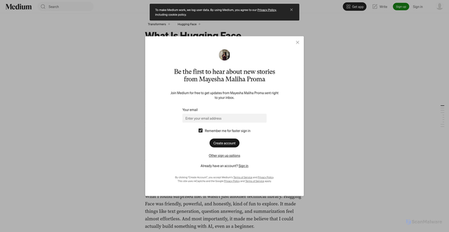 Security scan screenshot of https://mproma.medium.com/what-is-hugging-face-f11abc8b78a4
