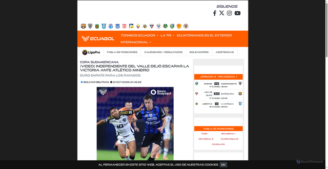 Security scan screenshot of https://www.ecuagol.com/noticias/copa-sudamericana/video-independiente-del-valle-dejo-escapar-la-victoria-ante-atletico-mineiro/219685/
