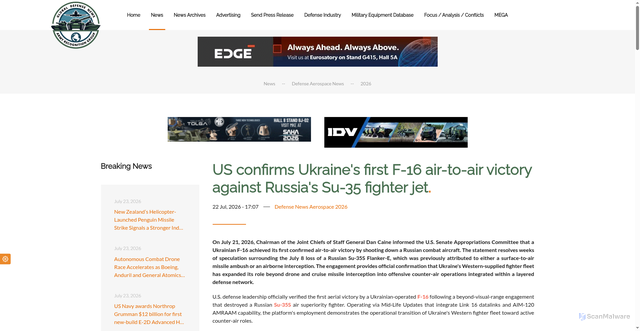 Security scan screenshot of https://www.armyrecognition.com/news/aerospace-news/2026/ukrainian-f16-shoots-down-russian-su35-first-air-victory