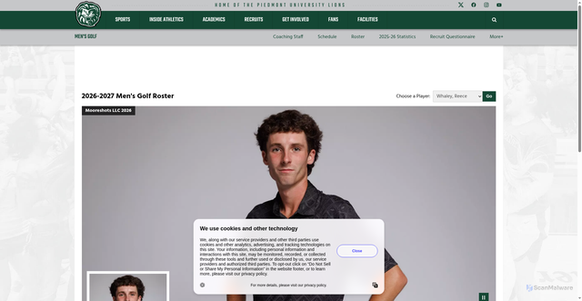 Security scan screenshot of https://piedmontlions.com/sports/mens-golf/roster/reece-whaley/7312