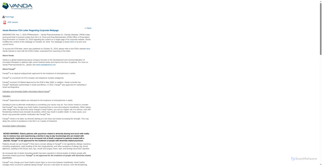 Security scan screenshot of https://vandapharmaceuticalsinc.gcs-web.com/news-releases/news-release-details/vanda-receives-fda-letter-regarding-corporate-webpage