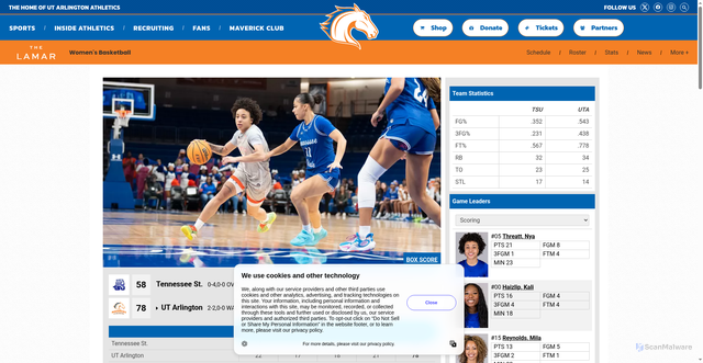 Security scan screenshot of https://utamavs.com/news/2025/11/14/womens-basketball-ut-arlington-gets-28-bench-points-in-78-58-victory-against-tennessee-state.aspx