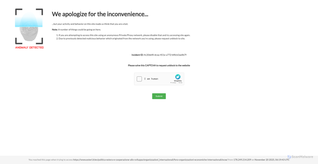 Security scan screenshot of https://www.esteri.it/en/politica-estera-e-cooperazione-allo-sviluppo/organizzazioni_internazionali/fora-organizzazioni-economiche-internazionali/ocse/