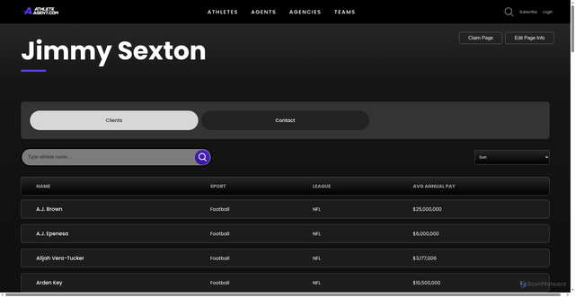 Security scan screenshot of https://www.athleteagent.com/agents/197/clients