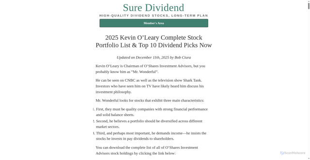Security scan screenshot of https://www.suredividend.com/kevin-oleary-dividend-stocks/