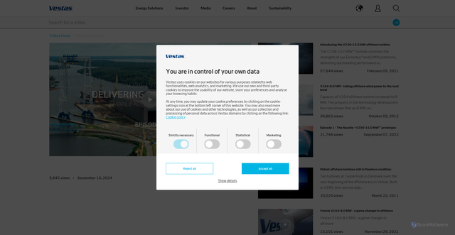 Security scan screenshot of https://www.video.vestas.com/video/104282570