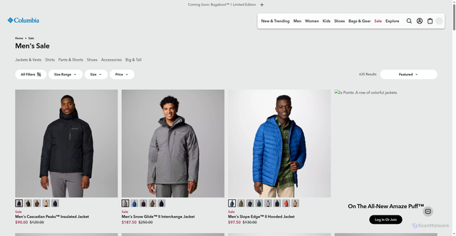 Security scan screenshot of https://www.columbia.com/c/mens-clothing-sale/?srsltid=AfmBOopjHBN9XT8acdiHlyPeQzguYgNAR7c6TS8YYemF5tH4JBzinHPA