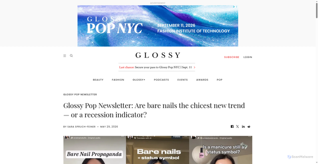Security scan screenshot of https://www.glossy.co/beauty/glossy-pop-newsletter-are-bare-nails-the-chicest-new-trend-or-a-recession-indicator/