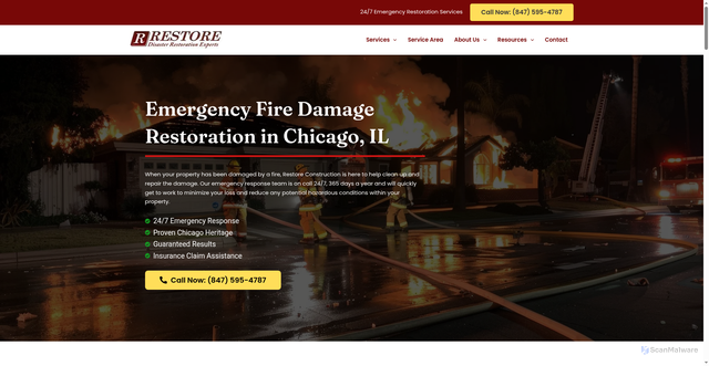 Security scan screenshot of https://restoreconstruction.com/services/restoration/fire-smoke/